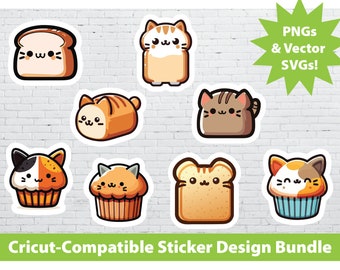 Cricut Print & Cut Sticker Design Set: Cat Bread Loaf Printable Instant Download PNG SVG File Bundle Funny Animals Cute Laptop Water Bottles