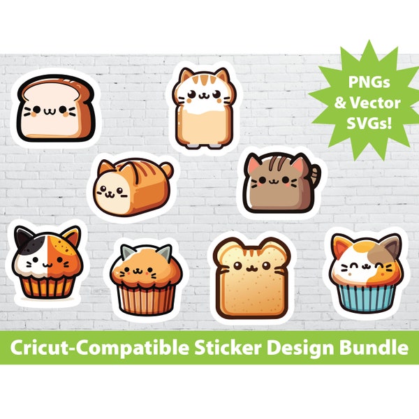 Cricut Print & Cut Sticker Design Set: Cat Bread Loaf Printable Instant Download PNG SVG File Bundle Funny Animals Cute Laptop Water Bottles