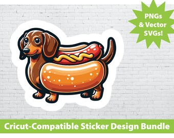 Cricut Print & Cut Sticker Design Set: Dachshund Hot Dog Weiner Dog PNG SVG File Bundle Laptop Water Bottle - Costume Halloween Puppy