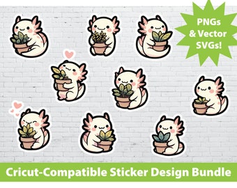 Cricut Print & Cut Sticker Design Set: Plant Axolotls Printable PNG SVG File Bundle Reptile Animals Cute Laptop Water Bottle Succulents