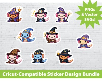 Cricut Print & Cut Sticker Design Set: Wizard Axolotls Printable PNG SVG File Bundle Reptile Animals Cute Laptop Bottle Birthday Witch Magic