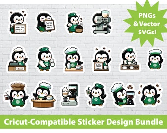 Cricut Print & Cut Sticker Design Set: Barista Coffee Shop Penguins Printable PNG SVG File Bundle Animals Cute Laptop Water Bottle