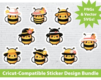 Cricut Print & Cut Sticker Design Set: Bees Wearing Hats PNG SVG File Bundle Animals Cute Laptop Water Bottle Insects Honey Bumble Beekeeper