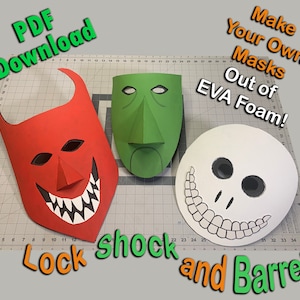 Pode incluir: Três máscaras de Halloween feitas de espuma EVA. As máscaras são de Lock, Shock e Barrel do filme O Estranho Mundo de Jack. As máscaras são vermelhas, verdes e brancas. O texto "PDF Download" está no canto superior esquerdo da imagem. O texto "Make Your Own Masks Out of EVA Foam!" está no canto superior direito da imagem. O texto "Lock Shock and Barrel" está no centro inferior da imagem.