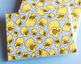 movie night, popcorn, popcorn note cards, blank cards, stationary, stationery cards, note cards, note card set of 8, illustrated stationery