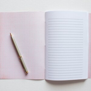 May include: An open notebook with a red grid pattern on the left page and lined paper on the right. A silver pen with gold accents rests diagonally across the grid page. The notebook is on a white surface.
