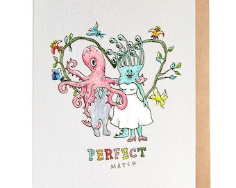Wedding card, Funny wedding card, engagement card, funny engagement card, Anniversary card, handmade, hand drawn, 'Perfect match', Love card