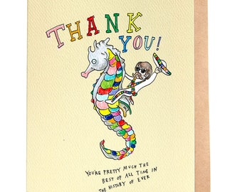 Thank you card, funny thank you card, thanks card, 'Seacowboy', hand drawn, handmade