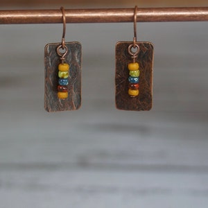 Handmade Copper Hammered Rectangle Dangle Earrings with Czech Glass Beads