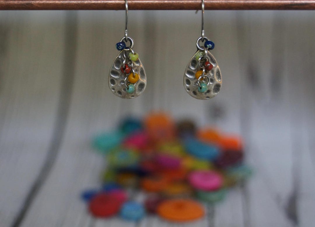 Artisan Antique Silver Hammered Teardrop Earrings With Multi  display picture 1