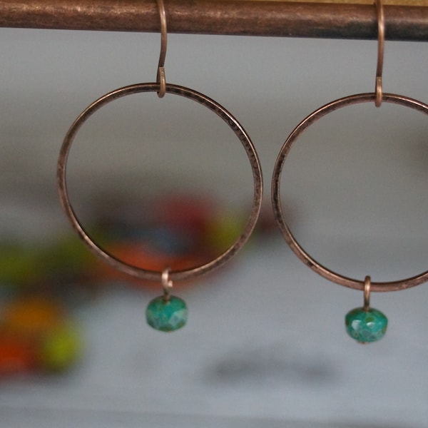 Boho Handmade artisan copper hoop earrings with teal Czech glass bead bohemian