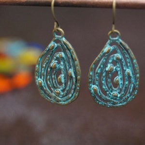 Patina and bronze spiral dangle earrings