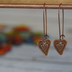 Copper Artisan Heart Earrings boho, bohemian style kidney earwire