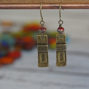 Artisan Bronze and red glass bead earrings, boho style bohemian style