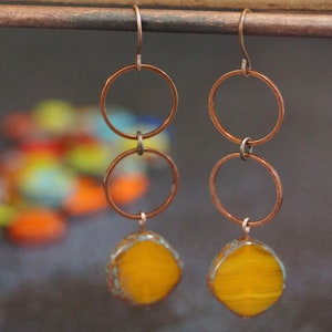 Czech glass bead earrings handmade mustard yellow and copper