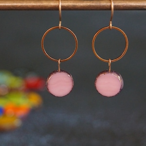 Artisan Pink Czech boho glass bead earrings with copper hoops
