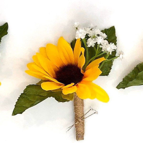 Sunflower Boutonnière, Silk Sunflower Boutonnière, Groomsmen Boutonnière, Sunflower Babys Breath Boutonnière, Sunflower Groom Boutonnières