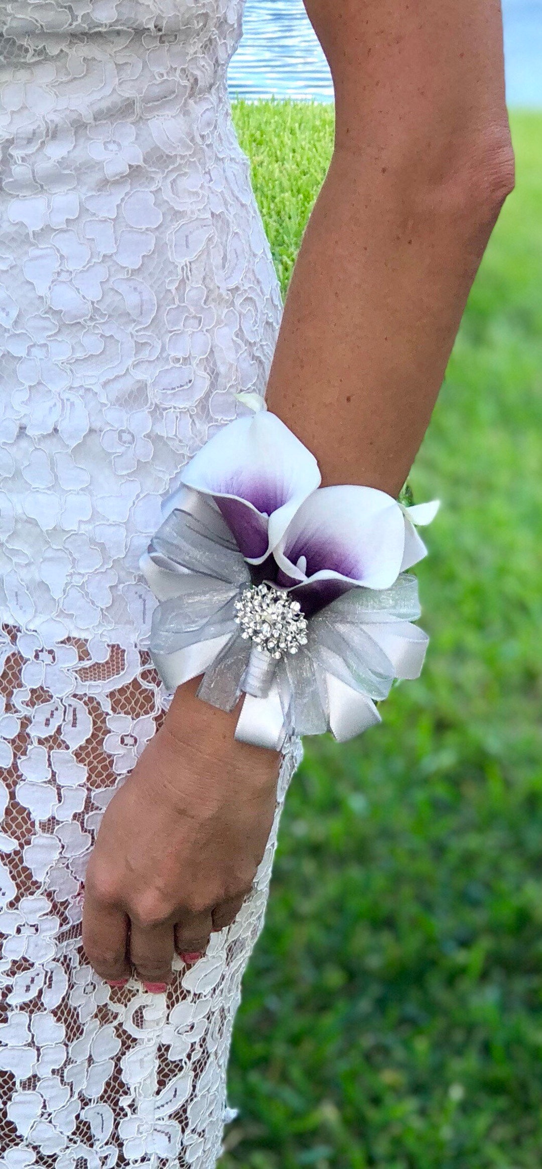 Purple Calla Lily Wrist Corsage, Plum Corsage, Silver Wrist Corsage