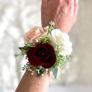 Burgundy and Blush Wrist Corsage, Burgundy Corsage, Rose Wrist Corsage, Burgundy Corsage, Blush Corsage, Mother Wrist Corsage, Wedding Wrist image 1