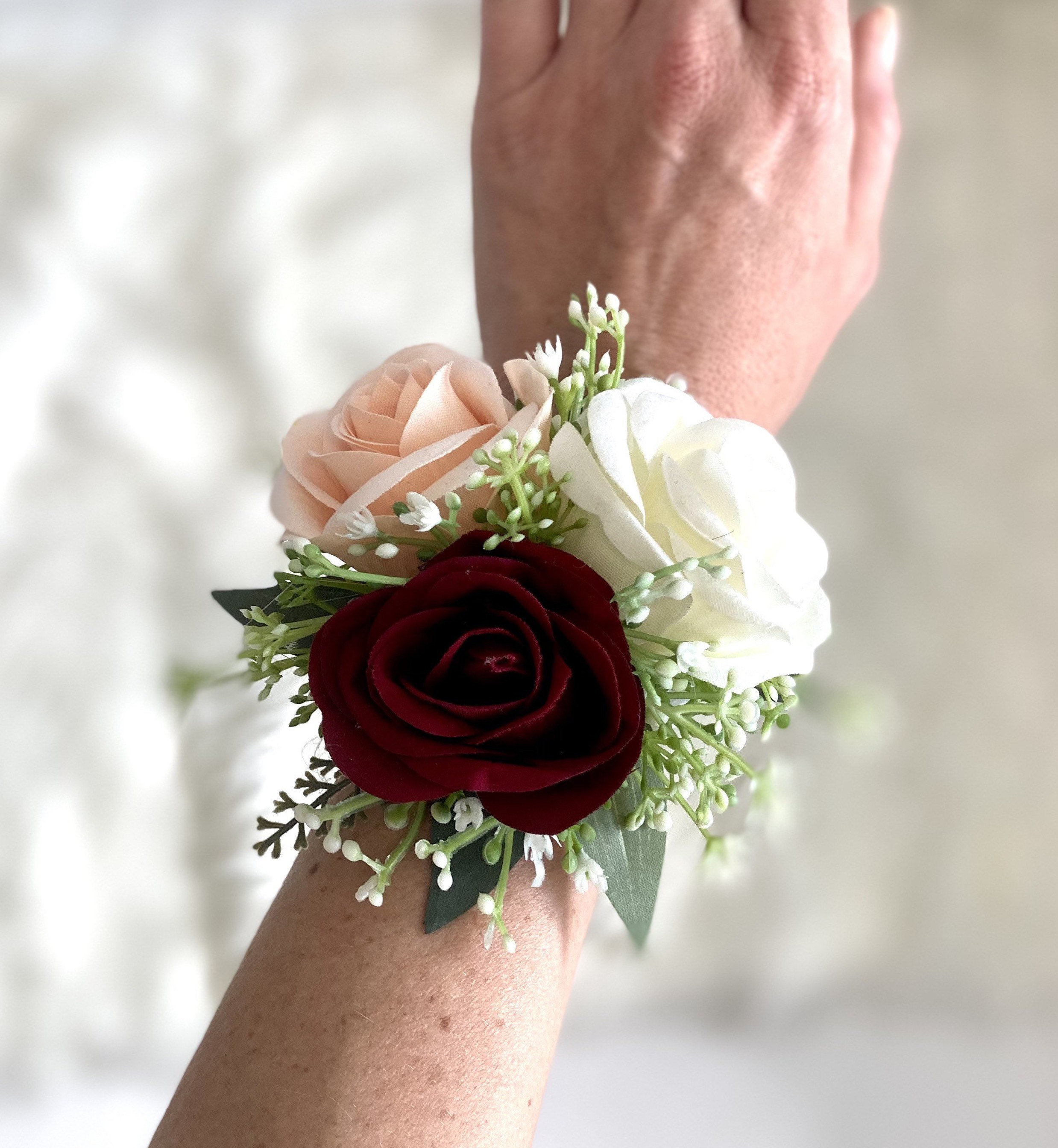 Fall daisy wrist corsage with burgundy roses corsage Burgundy and burlap wrist corsage orange wrist corsage burgundy rose wrist corsage