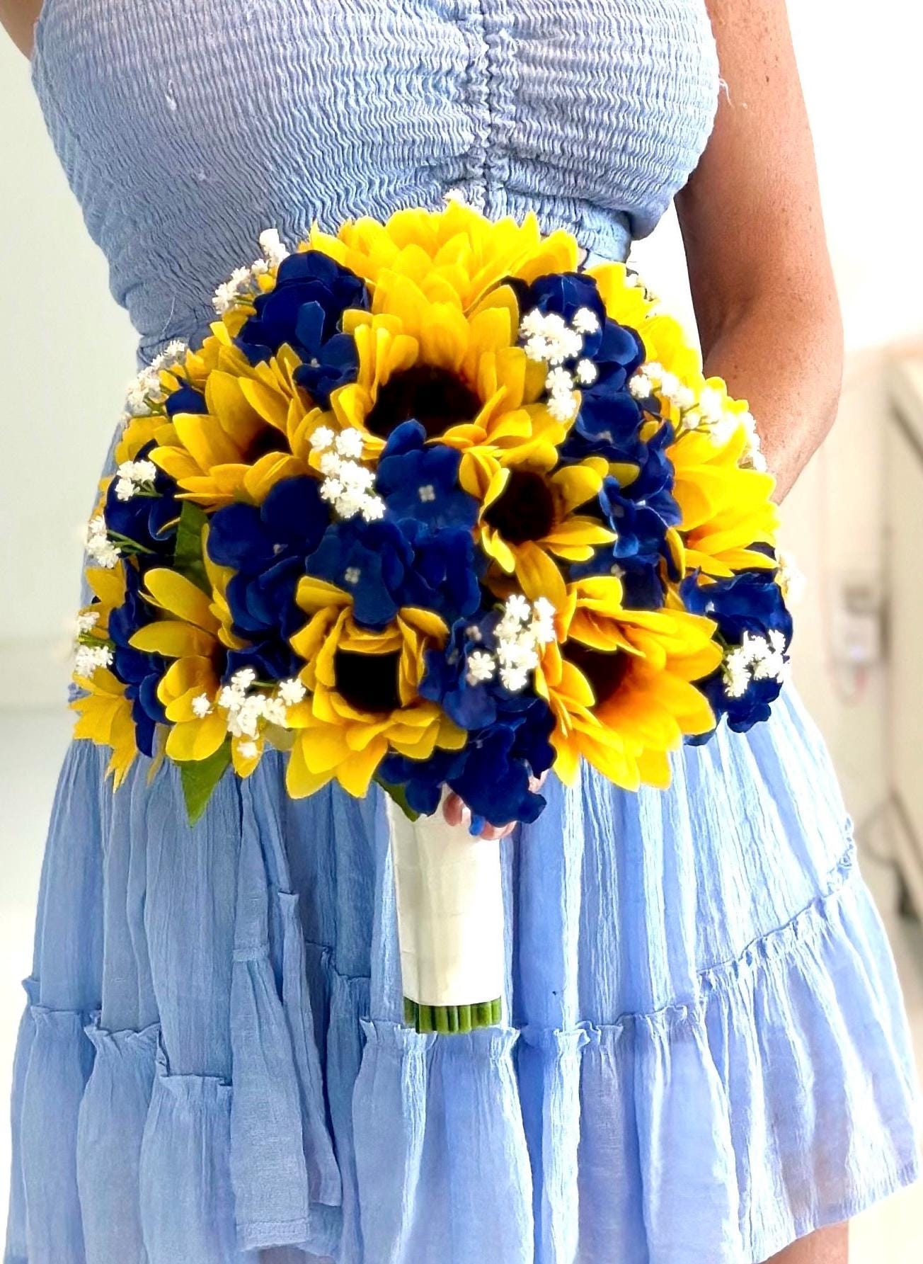 12" Faux Sunflower Bridal Bouquet, Royal Blue and Yellow Sunflower And Calla Lily Bouquet, Royal Blue Bouquet, Sunflower Bouquet