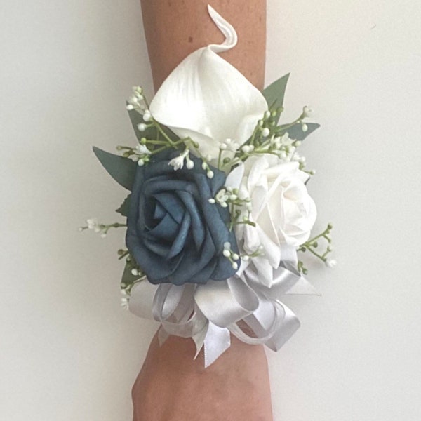 Steel Blue Wrist Corsage, Blue and Silver Corsage, Navy Calla Lily Corsage, Pin Corsage, Navy Wrist Corsage, Blue Wrist Corsage, Prom Corsag