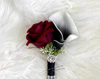 1 black and burgundy boutonnière, Black and White Calla Lily Boutonnières, Black Bling Boutonnière, Groomsman Boutonnière, Prom Boutonnière,