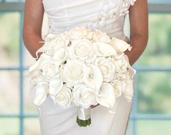 Ivory Roses & Calla Lily Bridal Bouquet | Real Touch Wedding Bouquet 11–12 Inch | Classic Elegant Full Bride Bouquet