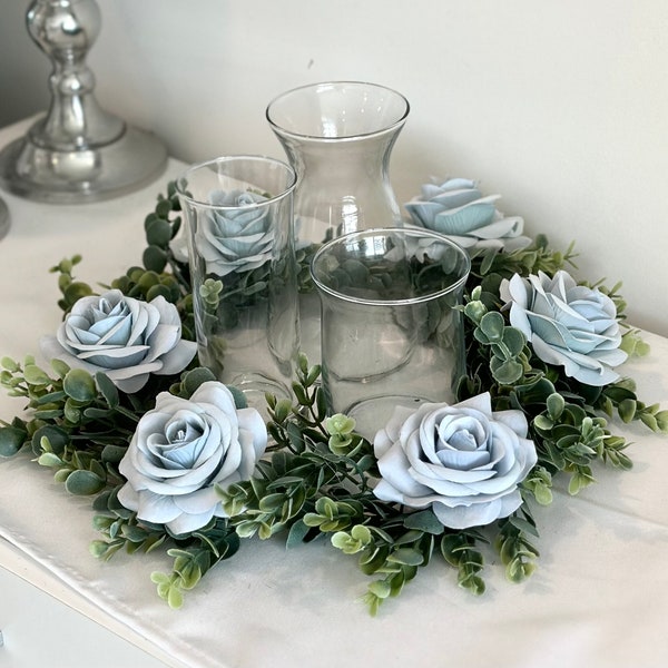 Eucalyptus Wreath, Light Blue Wreath, Eucalyptus Candle Wreath, Dusty Blue Centerpiece,  Lantern Wreath, Wedding Table Wreath, Dusty Blue