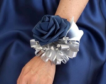 Navy Blue Calla Lily Wrist Corsage: Rose and Silver Jewel Accents
