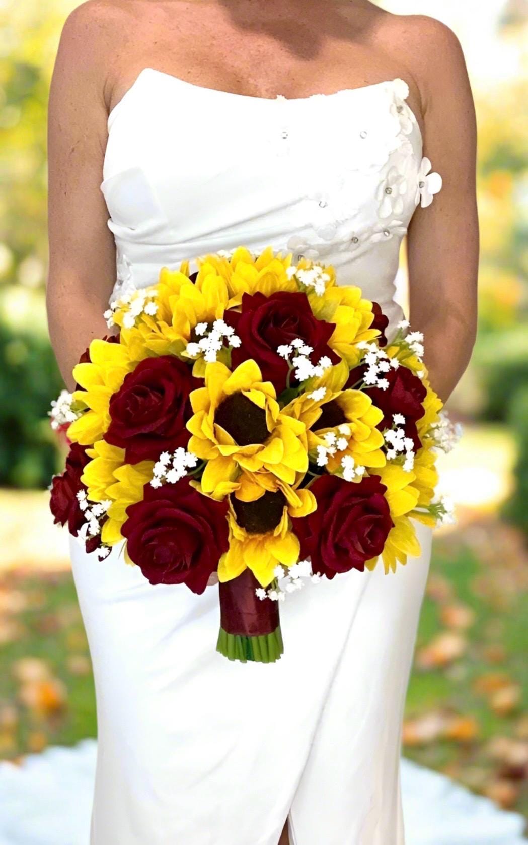 Sunflower Bouquet, Burgundy Sunflower Bouquet, Babys Breath, Burgundy Bouquet, Burgundy Rose Sunflower Bouquet, Bride Bouquet