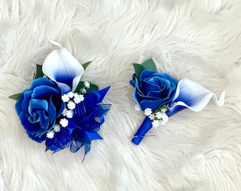 RoyalBlue and White Calla Lily Wrist Corsage, Royal BlueCalla Lily Corsage, Blue and Silver Wrist Corsage, Blue Corsage, Blue Boutonniere