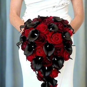 Black Calla Lily Bouquet, Black and Red Bouquet, Black and Red Calla Lily Bouquet, Red Rose Bouquet, Black Wedding Flowers, Burgundy Wedding