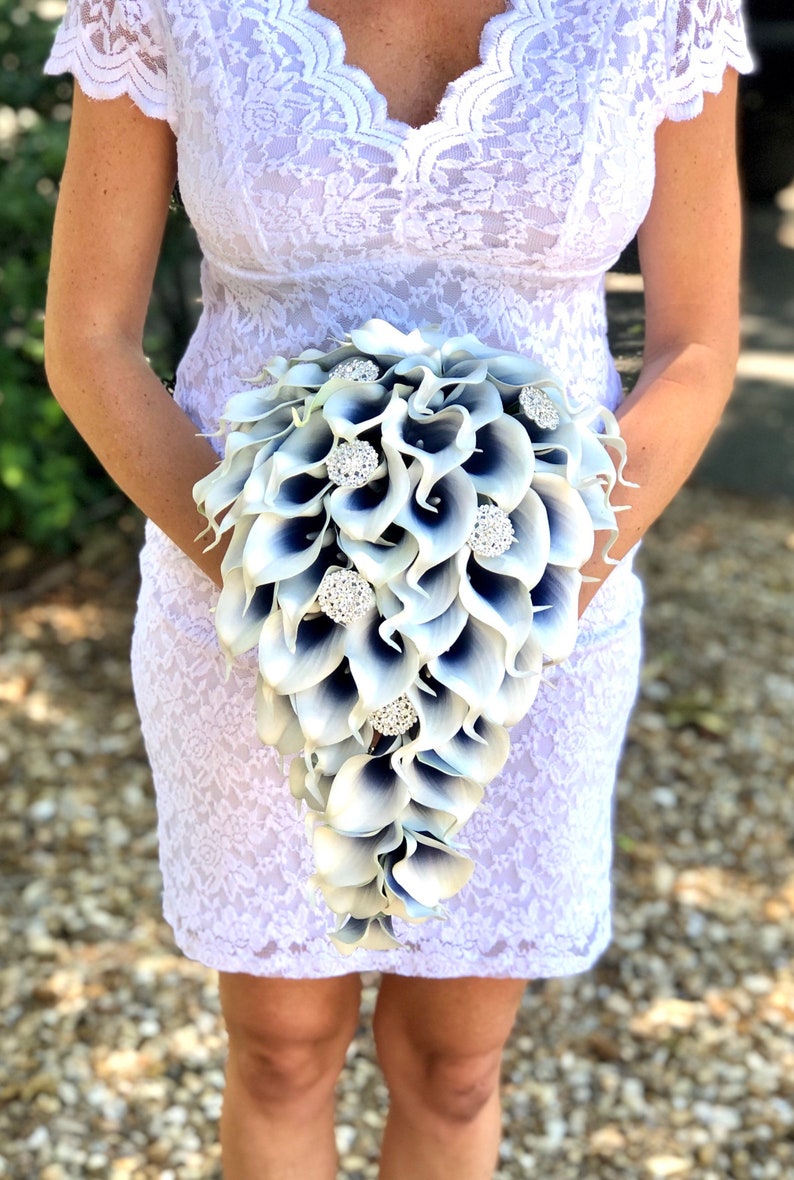 Navy Blue Calla Lily Bouquet Cascade Calla Lily Bouquet Bling Bouquet Navy Blue Bouquet, Brooch Bouquet Cascading Navy Blue Bouquet