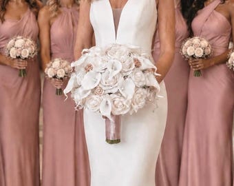 Luxury Ivory Rose and Real Touch Calla Lily Wedding Flower Package | Dusty Rose & Rose Gold Theme | Bridal Bouquet with Rose Gold Jewels
