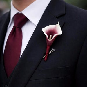 Real Touch Burgundy Calla Lily Groomsmen Boutonniere