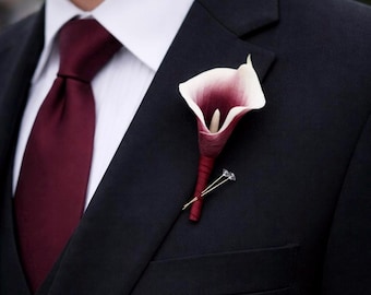 Real Touch Burgundy Calla Lily Groomsmen Boutonniere
