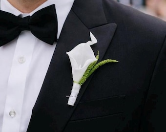 White Calla Lily, Amaranthus Boutonniere: Groomsman Wedding Accessory