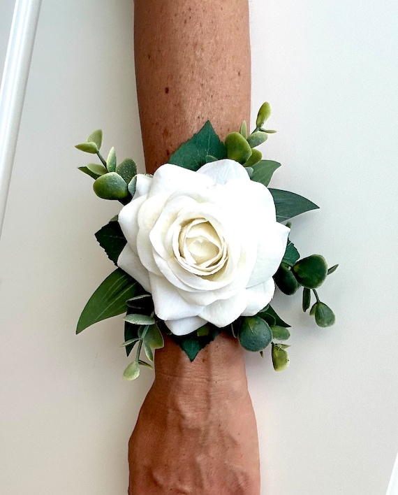 Ivory Silk Rose Wrist Corsage: Eucalyptus Greenery, Boho Wedding