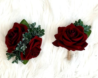 Burgundy Corsage and Boutonnière,  Burgundy Boutonnière, Burgundy Corsage, Prom Corsage Boutonnière, Prom Flower