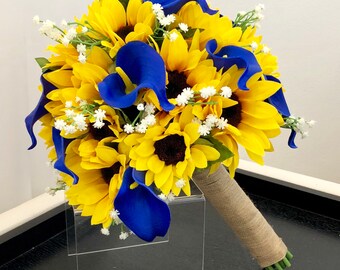 Sunflower Bridal Bouquet, Sunflower And Calla Lily Bouquet, Royal Blue Bouquet, Sunflower Bouquet, Babys Breath Sunflower Bouquet, Silk