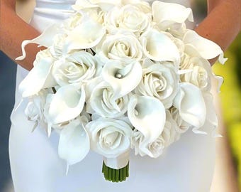 Rose and Calla Lily Bouquet, Faux Bridal Bouquet, White Rose Bouquet, Calla Lily Bouquet, White Bouquet, White Lily Bouquet, White Rose