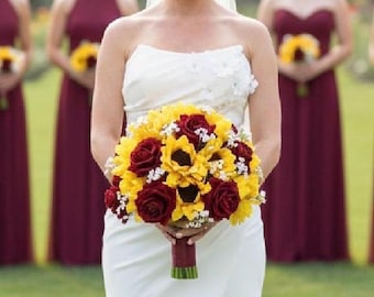 Sunflower & Burgundy Rose Bridal Bouquet with Baby's Breath
