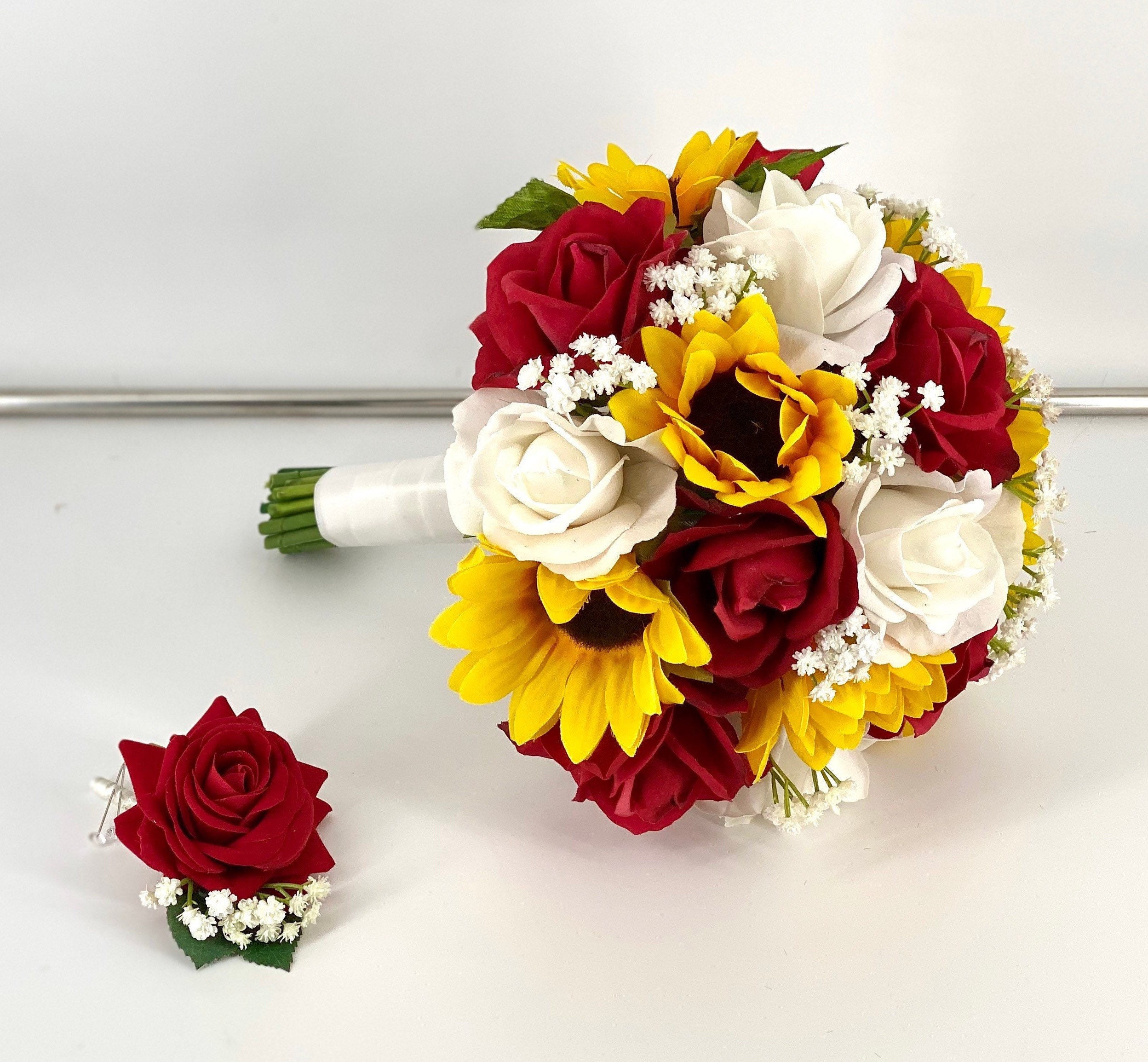 Red White Rose Sunflower Bridal Wedding Bouquet Accessories Red White Rose Sunflower Bridal Wedding Bouquet Accessories