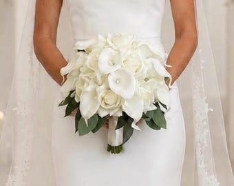 Luxury Real Touch Calla Lily and Ivory Rose Wedding Flower Package | Bridal Bouquet, Bridesmaid Bouquet, Boutonniere & Wrist Corsage