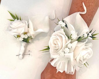 White Calla Lily and Rose Wrist Corsage & Boutonnière Set, Real Touch Wedding Florals