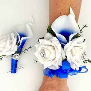 Royal Blue and White Calla Lily Wrist Corsage, Royal Blue Calla Lily Corsage, Blue and Silver Wrist Corsage, Blue Corsage, Blue Wrist Corsag