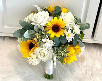 10" Sunflower Bouquet, Ivory Rose and Sunflower Bouquet, Sunflower and Daisy Bouquet, White Sunflower Bouquet, Silk Sunflower Bouquet, D