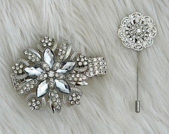 1 Silver Boutonniere, Bling Boutonniere, Crystal Pin Boutonniere, Groomsmen Boutonniere, Silver Lapel Pin