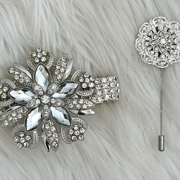 1 Silver Boutonniere, Bling Boutonniere, Crystal Pin Boutonniere, Groomsmen Boutonniere, Silver Lapel Pin